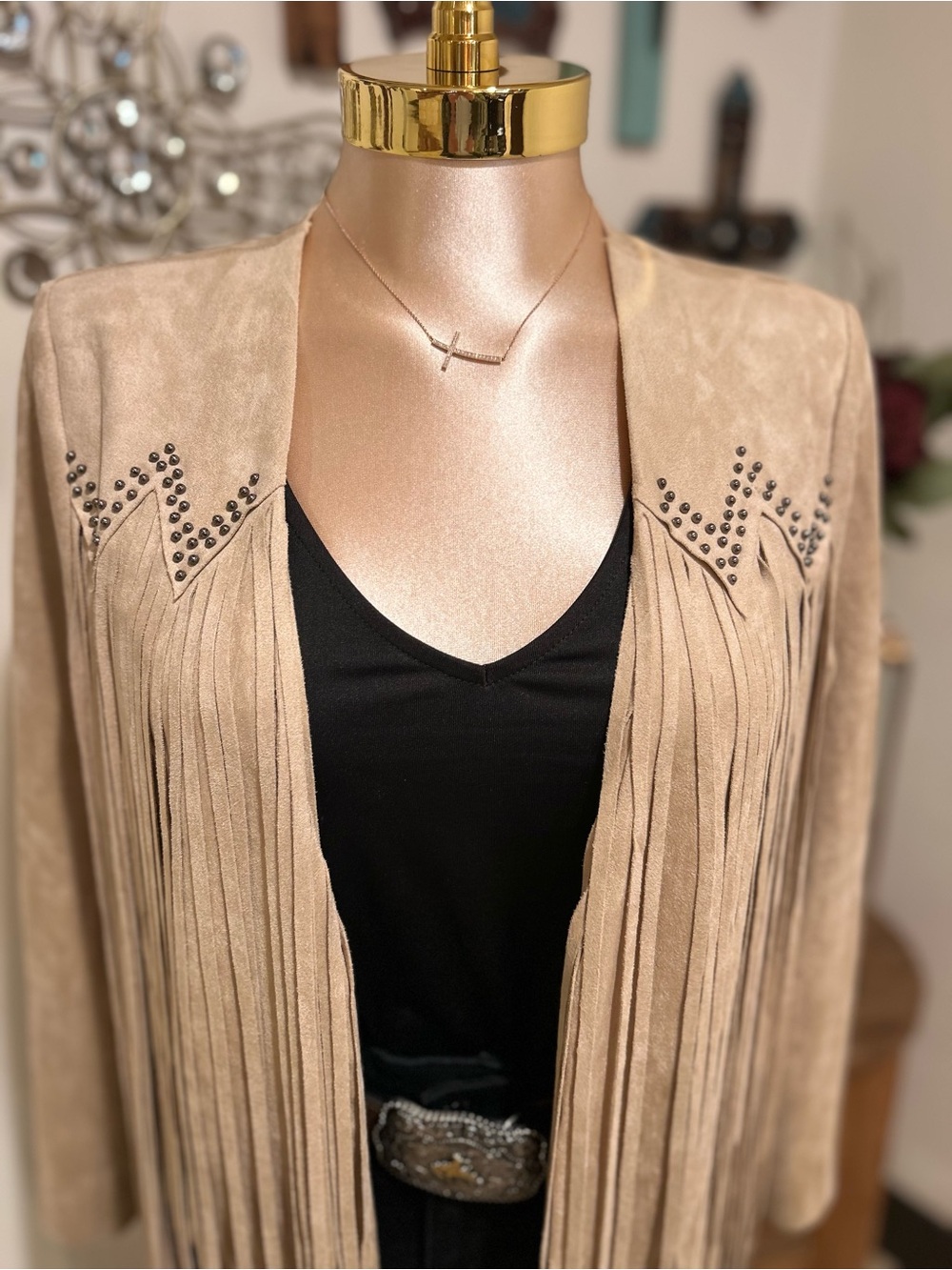 Vocal Fringed Suede-Style Open Front Jacket - Taupe - Picture 2 of 3